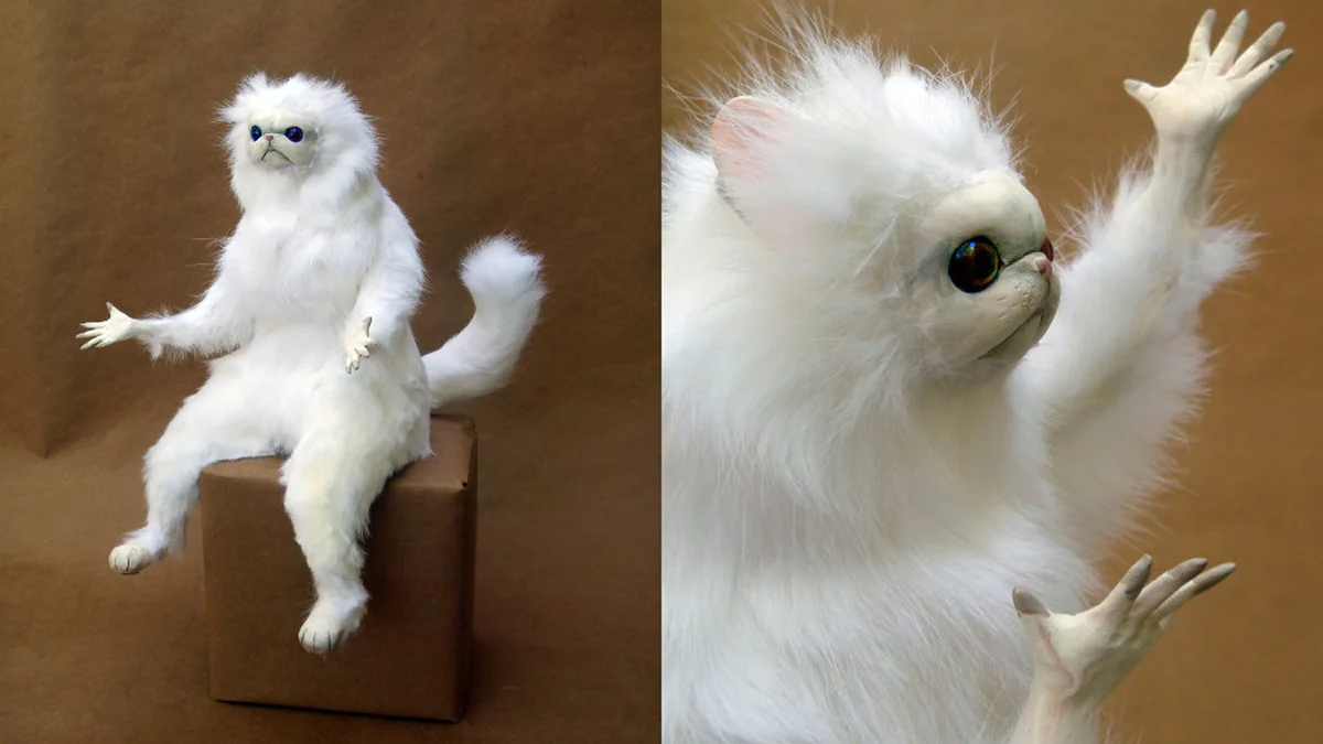 The Persian Cat Room Guardian meme banner featuring Anya Boz's handmade Persian cat sculpture that spawned the viral meme.