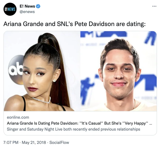 E! News breaks the news of Ariana Grande and Pete Davidson's relationship in May 2018, a moment that helped launch the 'dating up' meme.