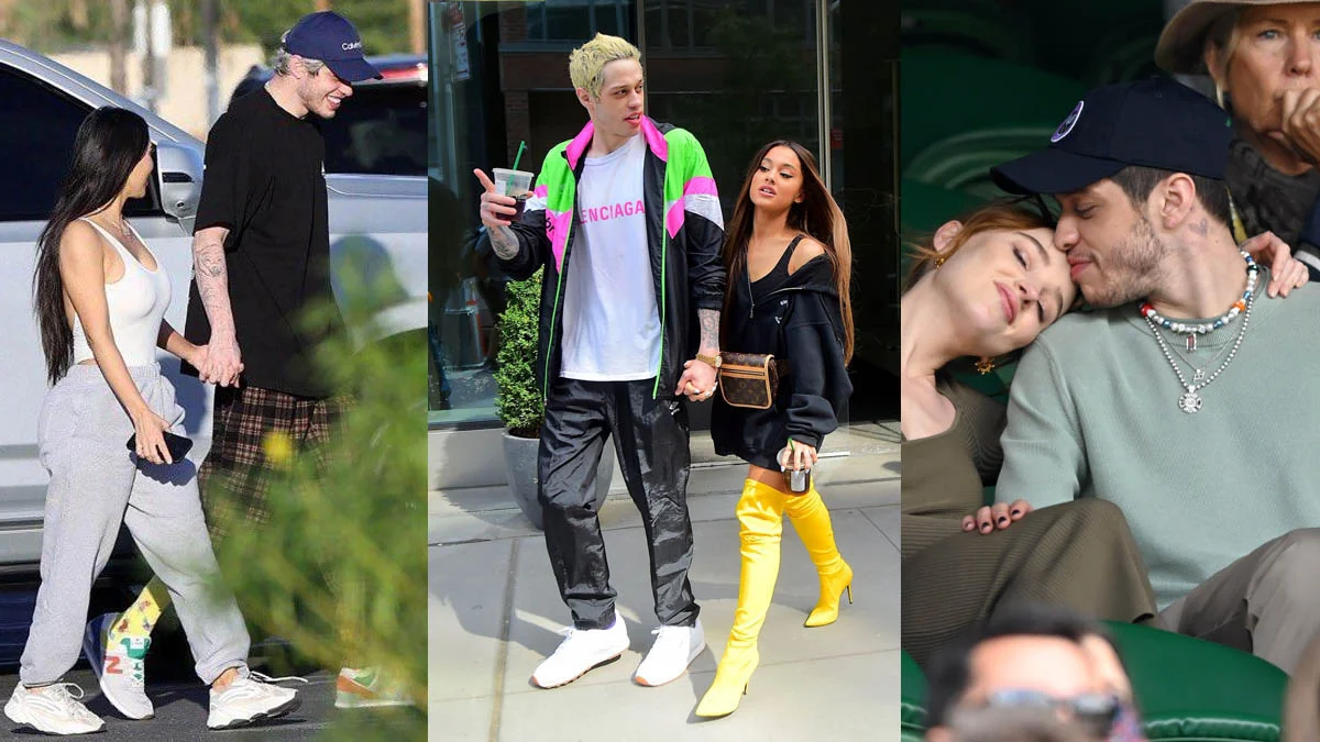 Header collage featuring Pete Davidson alongside notable girlfriends Kim Kardashian, Ariana Grande, and Kate Beckinsale, illustrating the 'dating up' phenomenon.