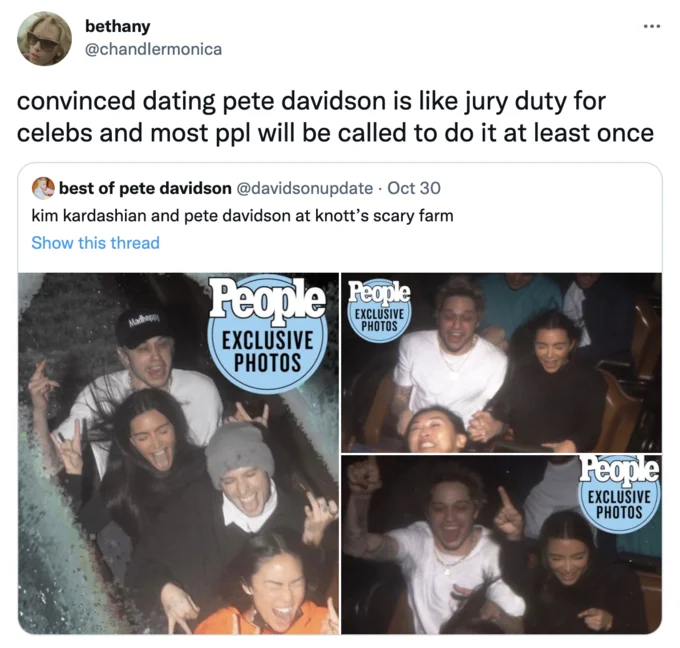 A viral tweet joking that dating Pete Davidson is a rite of passage 'like jury duty' for celebrities.