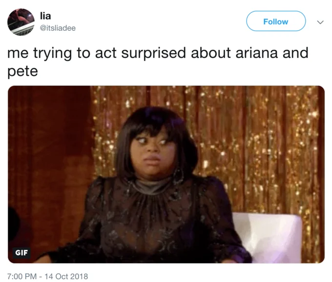 A viral tweet using a reaction GIF to mock feigning surprise at the Grande-Davidson breakup.