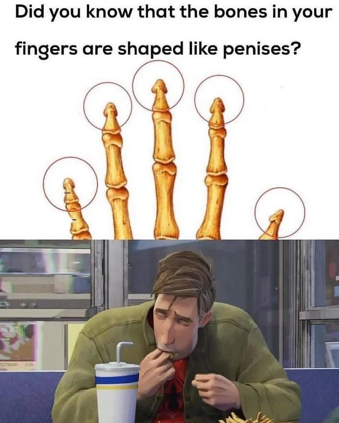 A two-panel joke pairing a trivia claim about finger-bone shapes with Peter's blissful finger-licking reaction.