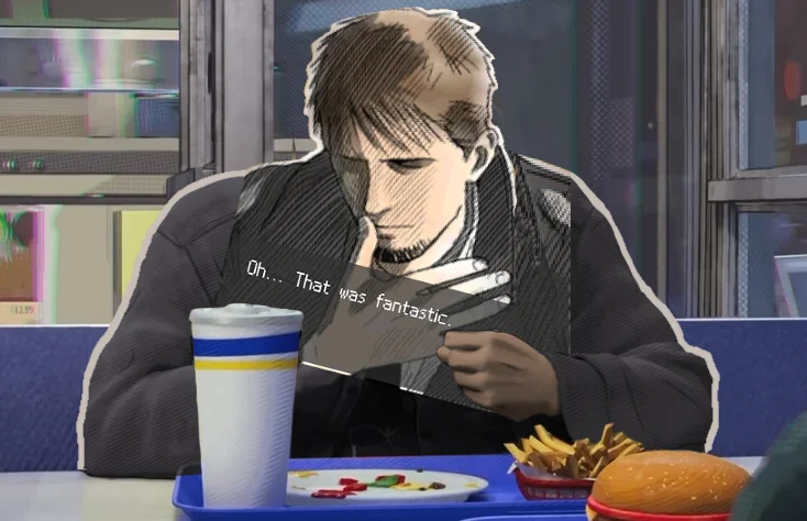 A fan-art crossover redraw layering a manga-style character and dialogue onto the diner scene.