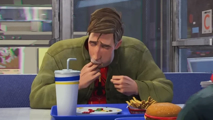 The original scene from Spider-Man: Into the Spider-Verse in which Peter B. Parker sucks food off his fingers, the source frame for the meme.