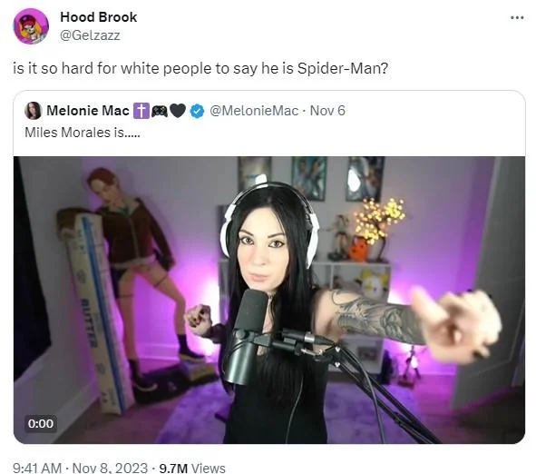 @Gelzazz criticizes the meme's spreaders in a quote-tweet of Melonie Mac's viral clip (November 8, 2023, 9.7M views).