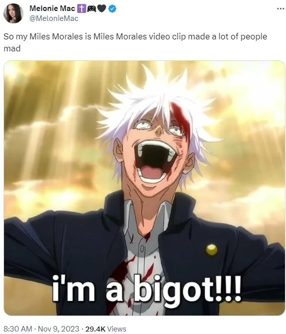 Melonie Mac responds to the backlash over her viral clip with a Jujutsu Kaisen 'i'm a bigot!!!' meme (November 9, 2023).