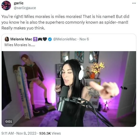 @sarlicgauce sarcastically ridicules the meme in a quote-tweet of Melonie Mac's viral 'Miles Morales is...' clip (November 8, 2023).