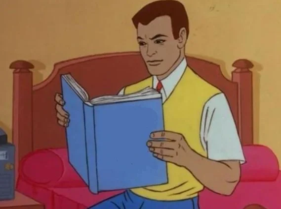 The source screencap of Peter Parker reading a blue book from the 1967 Spider-Man animated series, the frame that spawned the meme.