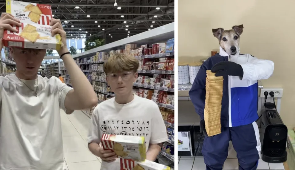 Screenshots from the viral 'Petit Beurre' TikTok trend by luniveuw, featuring the original teens with LU Petit Beurre biscuits and the dog-in-tracksuit meme it inspired.