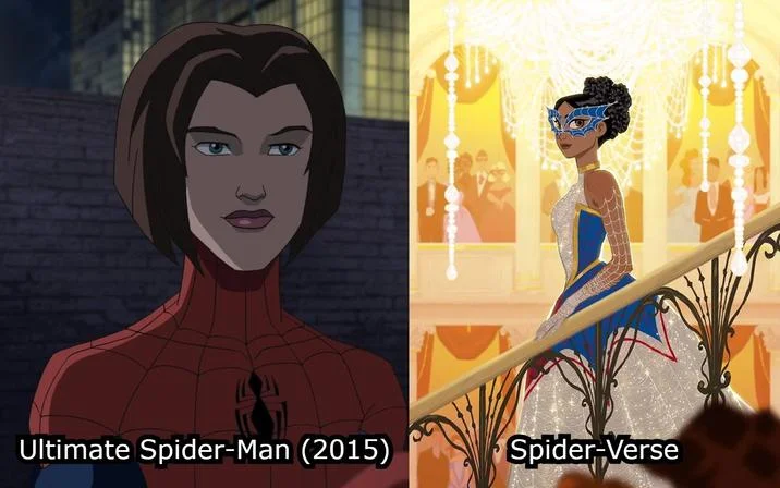 Prior canonical examples of a feminized Spider-Man in Marvel animation, sometimes cited as precedents for the Petra Parker interpretation.