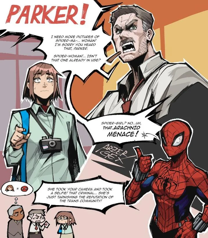 Petra Parker faces Jameson's rant about the 'Arachnid Menace,' hinting that she is the Spider-Woman he's demanding pictures of.