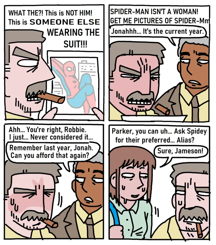 A fan comic dramatizing J. Jonah Jameson coming to terms with the newly-out Petra Parker and her Spider-Woman identity.