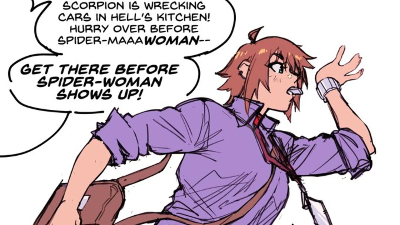 The cover image of the Petra Parker meme, depicting a genderswapped Peter Parker rushing off to become Spider-Woman.