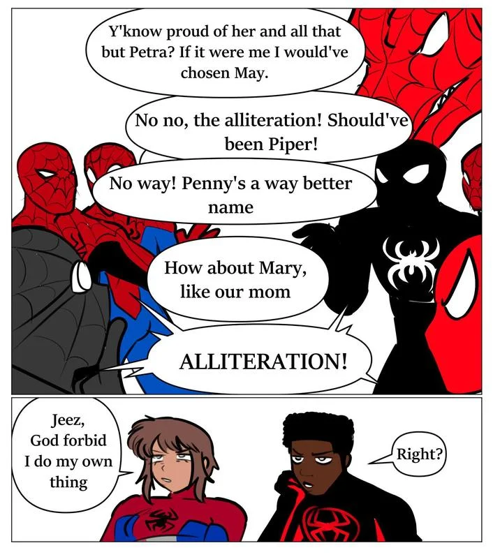 Fan art exploring Petra Parker's dysphoria and her coming-out moment with J. Jonah Jameson.