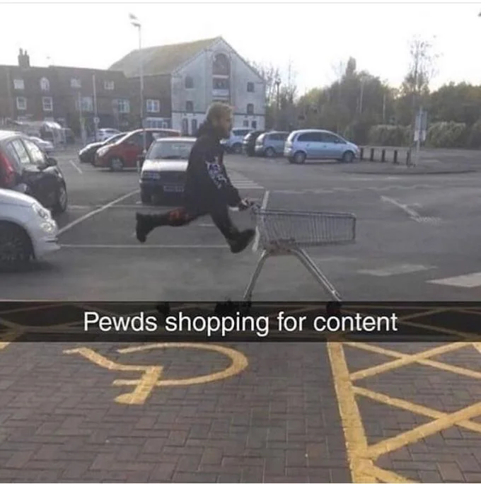 A crouched frame in the shopping cart sequence, with the cart tipping backward behind PewDiePie.
