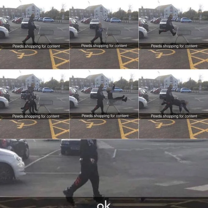 The 'Pewds shopping for content' Snapchat meme showing PewDiePie leaping through the air with his shopping cart.
