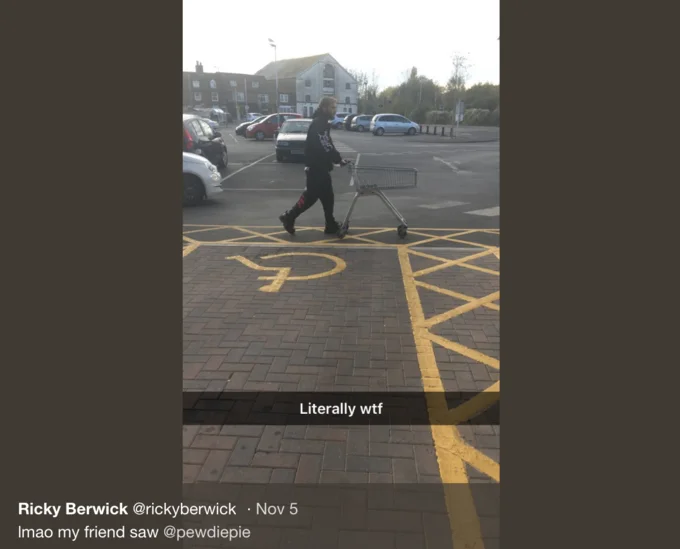 Ricky Berwick's viral tweet sharing the original Snapchat sighting of PewDiePie pushing a shopping cart in a parking lot.