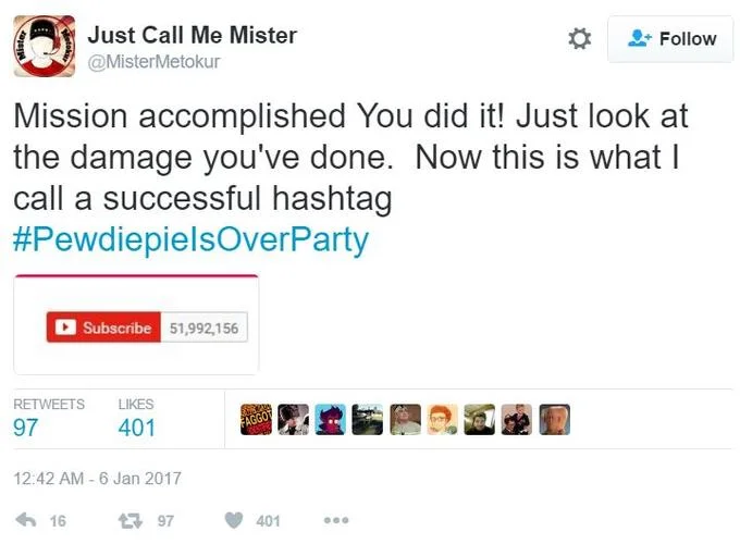 A tweet from January 2017 using the '#PewdiepieIsOverParty' hashtag, part of the online backlash surrounding one of PewDiePie's controversies.