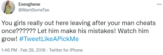 Pick me girl tweet about tolerating mistreatment.