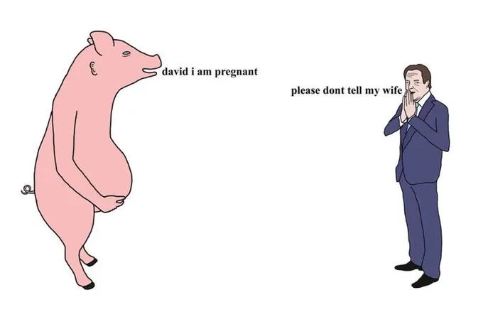 One of many crude cartoon reaction memes joking about Cameron's alleged relationship with a pig.