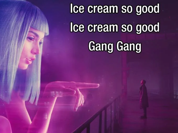 A Blade Runner 2049 image macro applying PinkyDoll's viral catchphrases to Joi's hologram pointing at K.