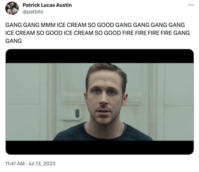 Another Ryan Gosling / PinkyDoll mashup tweet, this one from Patrick Lucas Austin, illustrating the meme's rapid spread across Twitter.