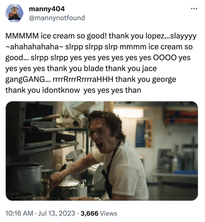 A tweet parodying PinkyDoll's NPC LIVE chatter using a screenshot of Jeremy Allen White from The Bear.