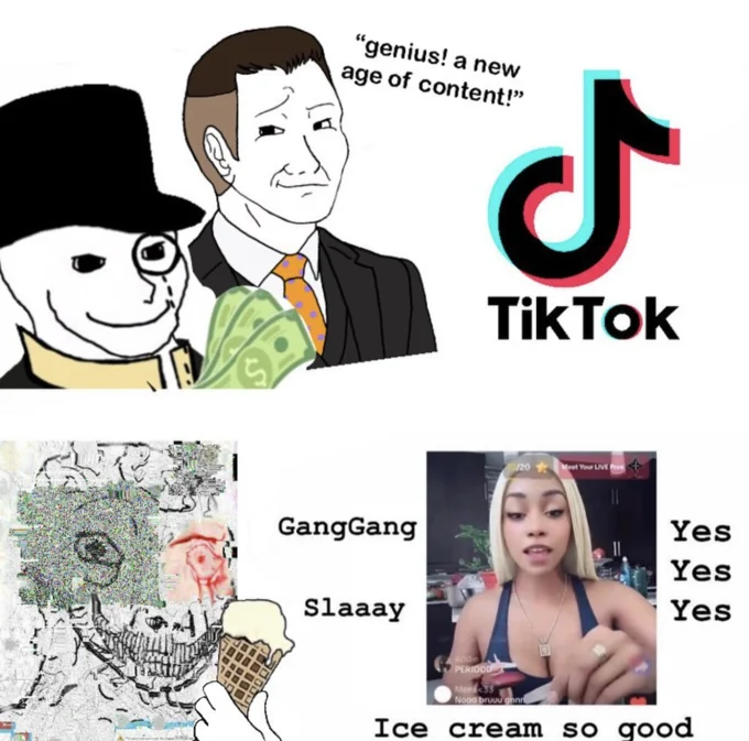 A wojak comparison meme mocking the 'new age of content' that TikTok's NPC live streams like PinkyDoll's actually delivered.