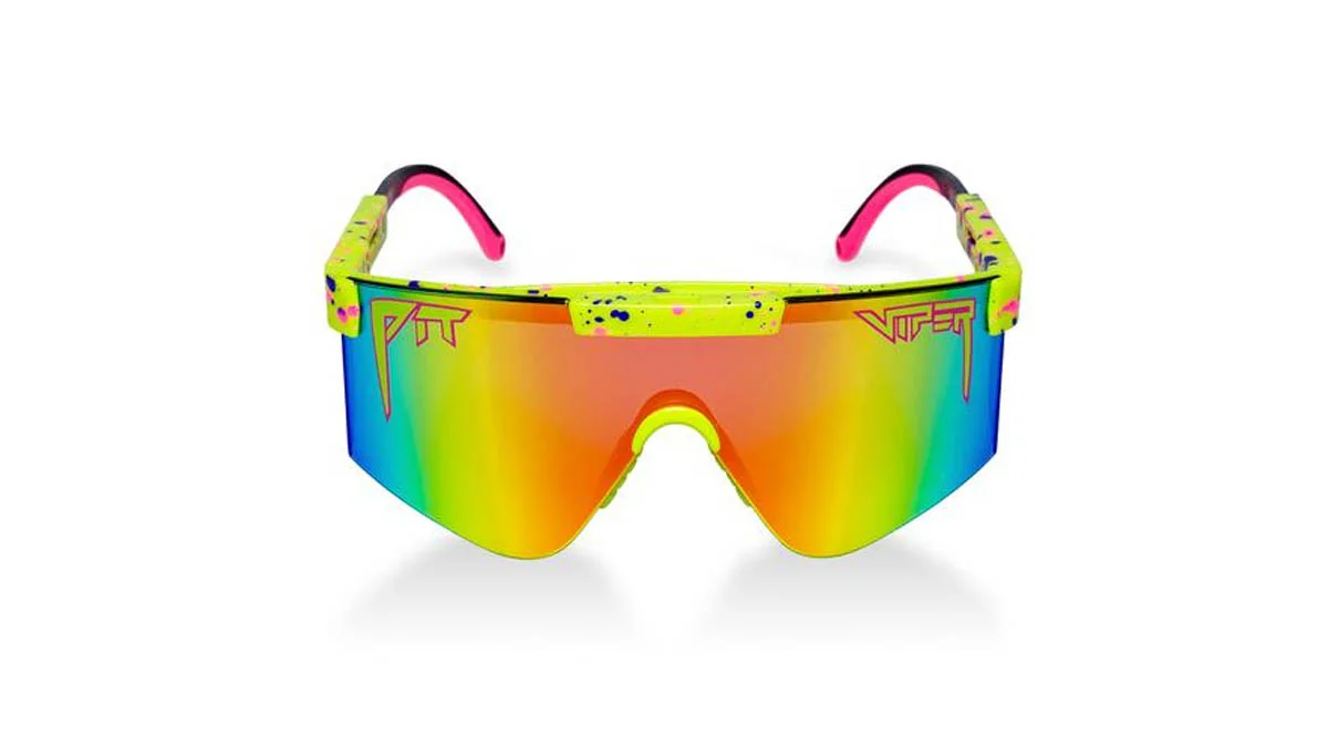 The signature Pit Viper wraparound sunglasses, featuring the brand's oversized single mirrored lens and neon frame styling.
