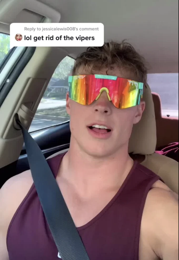 A 'starter pack' meme cataloguing the stereotypical wearers of Pit Viper sunglasses: conservatives, mullet-sporting skiers, and rich teens.