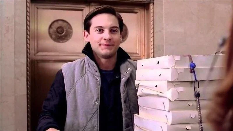 The original Spider-Man 2 (2004) 'Pizza Time' scene featuring Tobey Maguire as Peter Parker delivering pizzas.