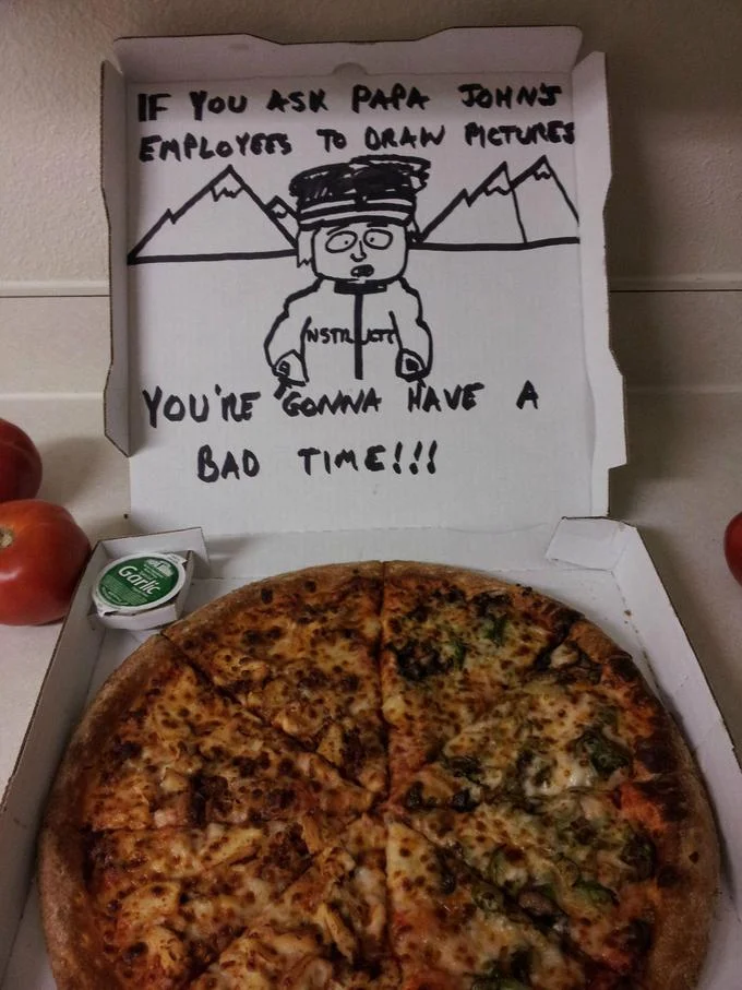 A pizza-box drawing meme where a customer requested custom art from Papa John's staff, part of the 'draw on the box' pizza trend.
