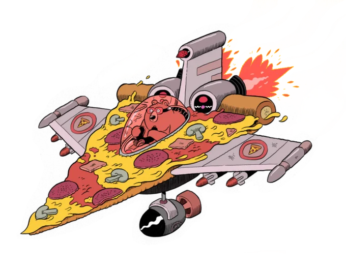 An absurdist cartoon depicting a pizza-slice spacecraft, illustrating pizza's frequent appearance in fantastical internet artwork.