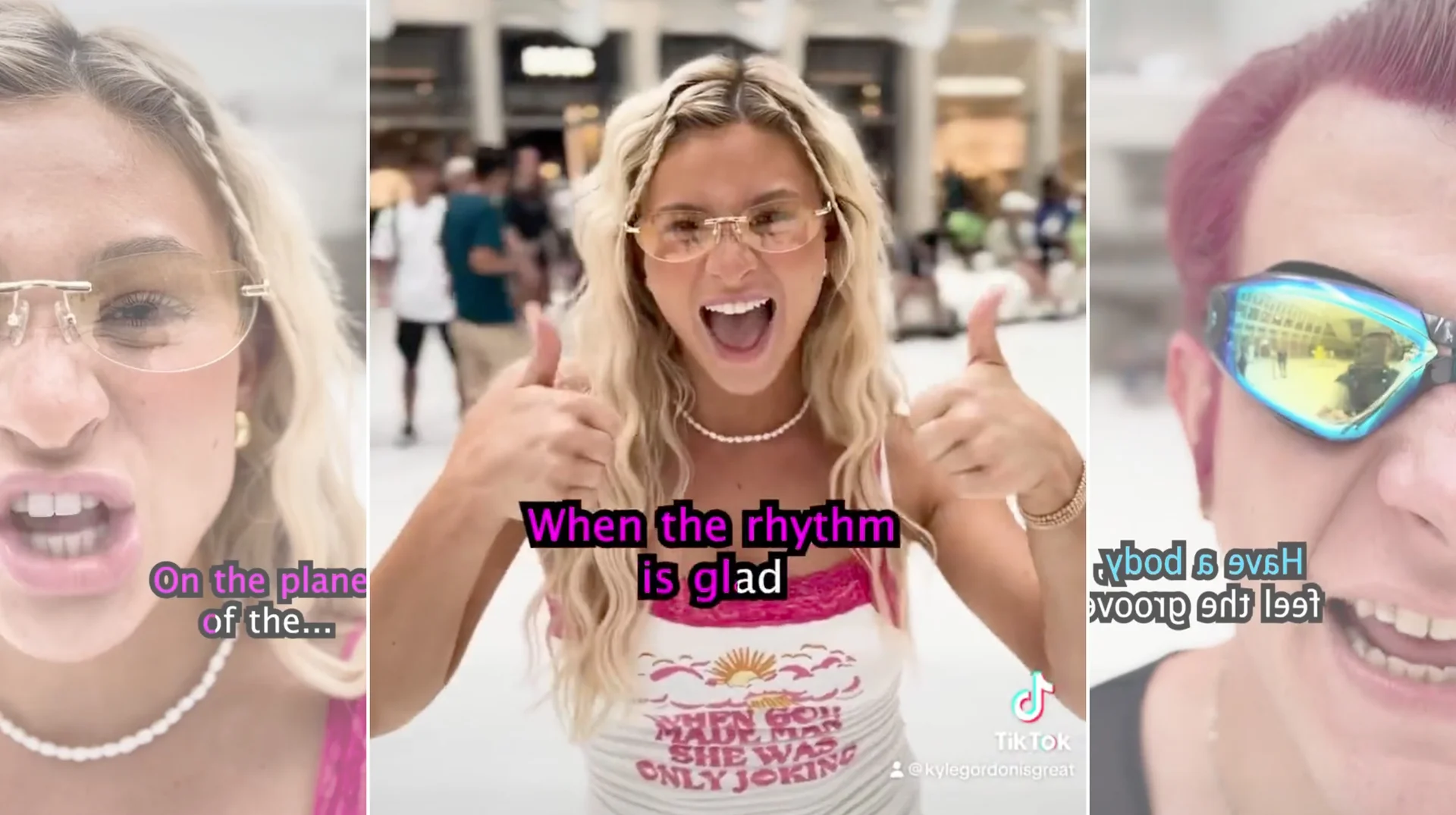 Stills from Kyle Gordon's Planet of the Bass TikTok, featuring Ms. Biljana Electronica singing garbled Eurodance-style lyrics like 'When the rhythm is glad.'