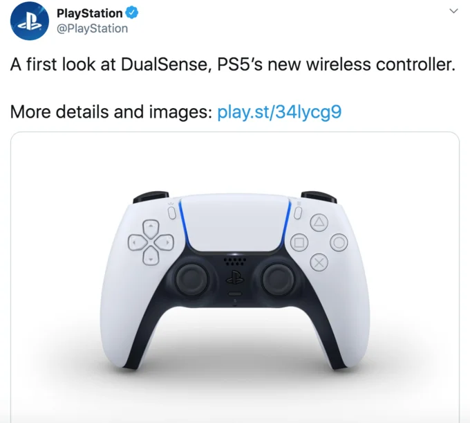 PlayStation's official Twitter reveal of the DualSense wireless controller for the PlayStation 5.