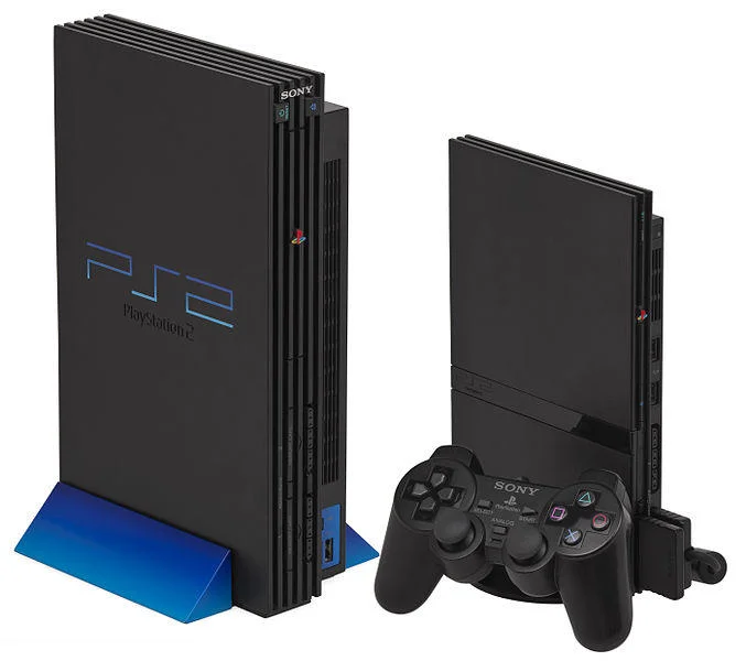 The PlayStation 2 (2000), the best-selling home console of all time, in both original and slim configurations.