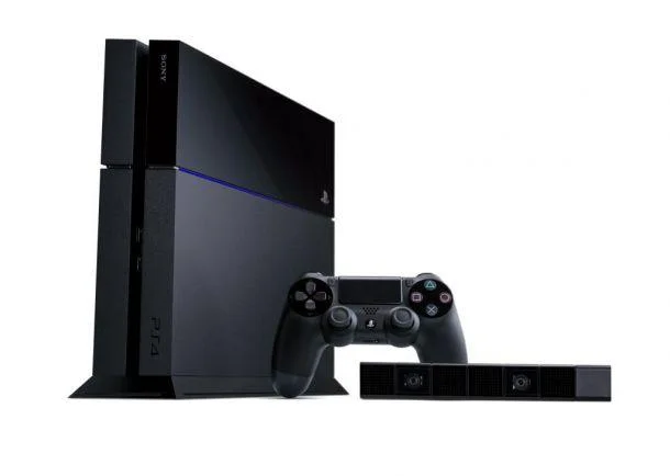 The PlayStation 4 (2013) shown with its DualShock 4 controller and PlayStation Camera.