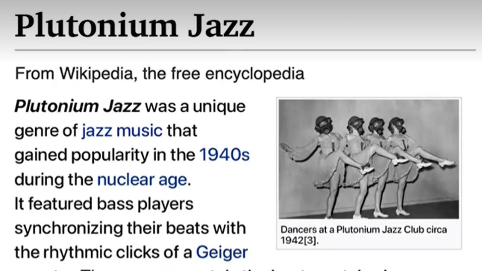 The fictional Wikipedia-style article that launched the Plutonium Jazz meme, describing a made-up 1940s jazz genre synchronized to Geiger counter clicks.