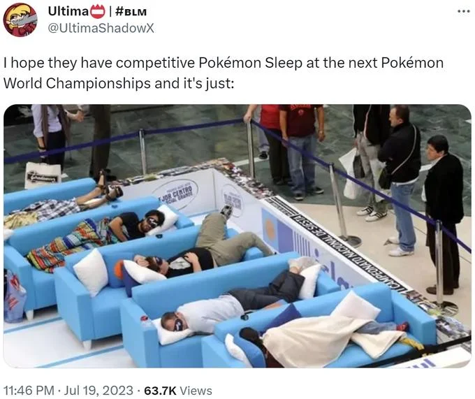 A joke tweet imagining competitive Pokémon Sleep as a tournament event, using a photo of contestants napping on couches.