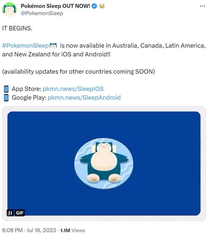 The official launch announcement tweet from @PokemonSleep on July 16, 2023.