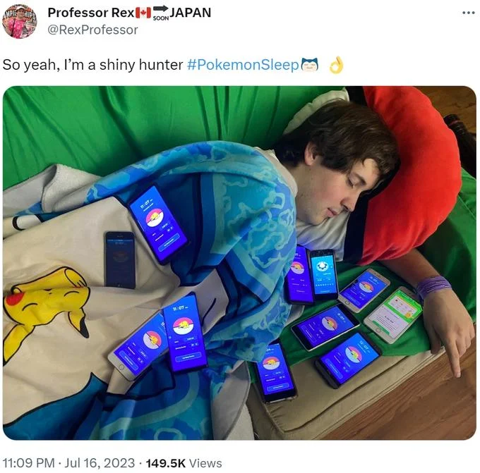 A viral 'shiny hunter' tweet showing a player running Pokémon Sleep on many phones at once.