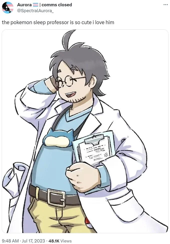 Fan art and admiration for Professor Neroli, the in-game researcher who guides players through Pokémon Sleep.