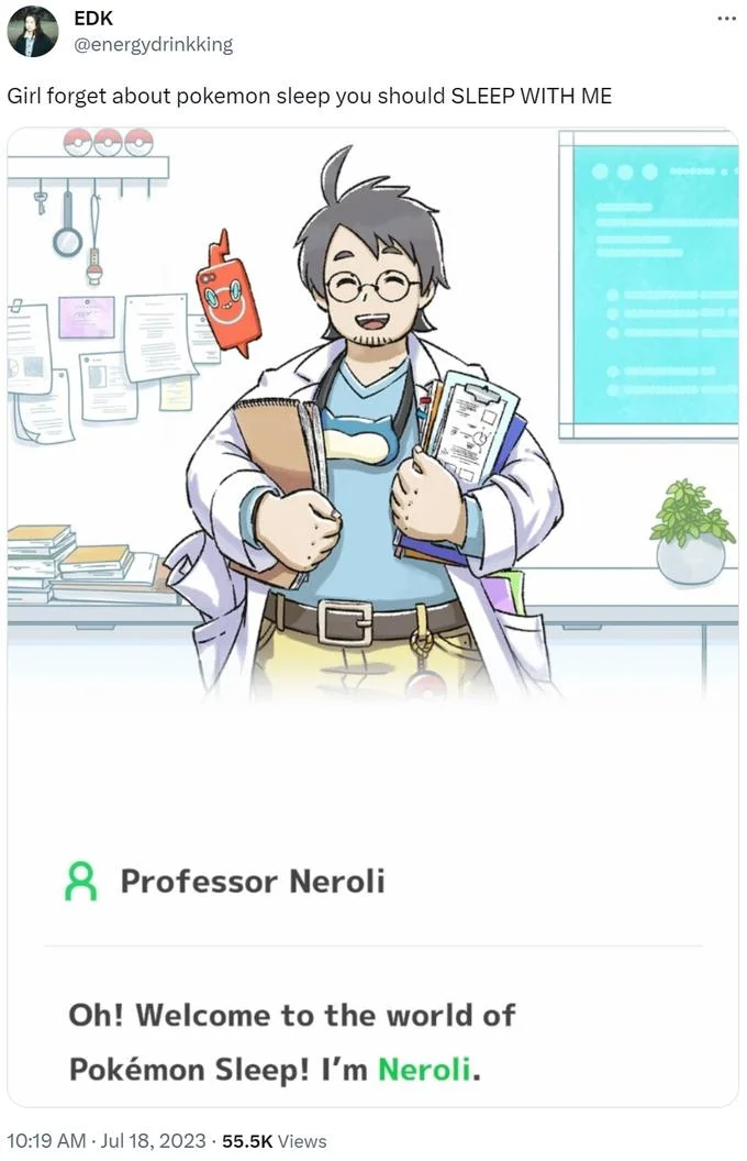 A tweet showcasing the community's crush on Professor Neroli, paired with his official in-game introduction.