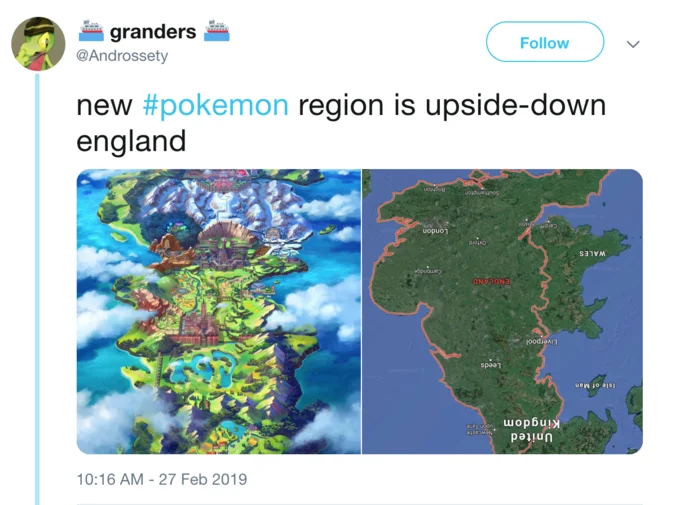 A viral tweet pointing out that the Galar region in Pokemon Sword and Shield resembles an upside-down United Kingdom.