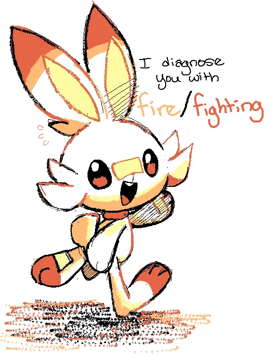 Fan art poking fun at the running joke that every Fire-type starter, including Scorbunny, ends up as Fire/Fighting.