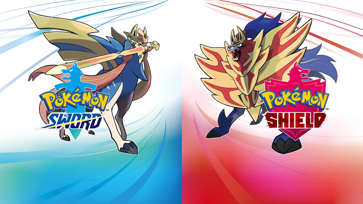 Official key art for Pokemon Sword and Shield showcasing the legendary Pokemon Zacian and Zamazenta alongside their respective game logos.