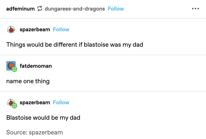 A cool-dad Blastoise advice animal indulging his kid with dinner options, showcasing the affectionate Pokedad archetype.