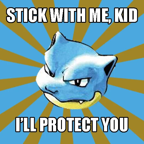 A Blastoise Dad advice-animal reassuring his 'son,' embodying the protective father archetype central to the Pokedads meme.