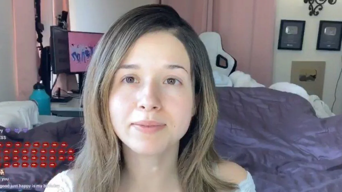 The now-infamous frame from Pokimane's Twitch birthday stream that ignited the 'no makeup' controversy in early 2022.