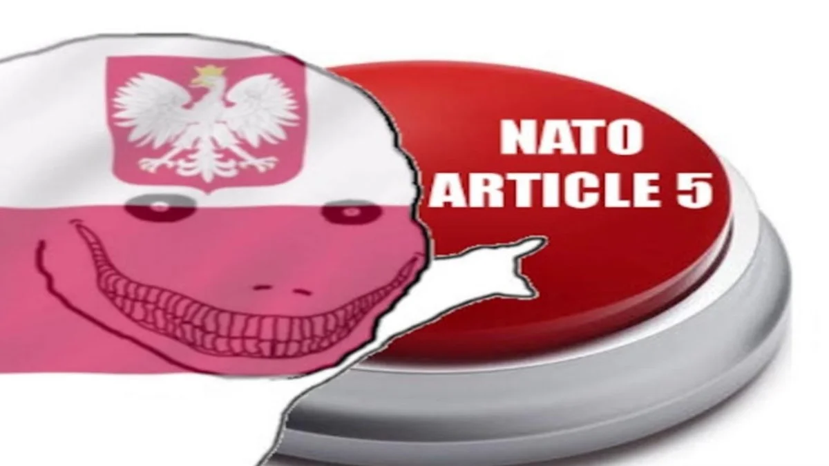 The Poland wojak eagerly reaches to press the NATO Article 5 button, invoking the alliance's collective defense clause.